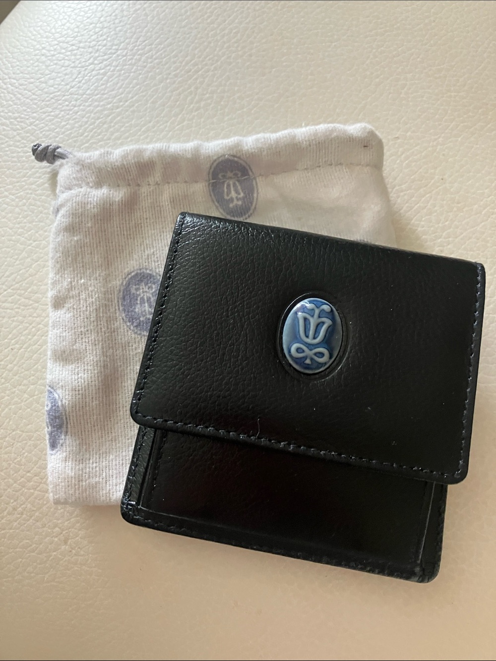 NEW, Vintage Lladro Society Black Leather Coin Purse, Porcelain‎ Logo & Pouch